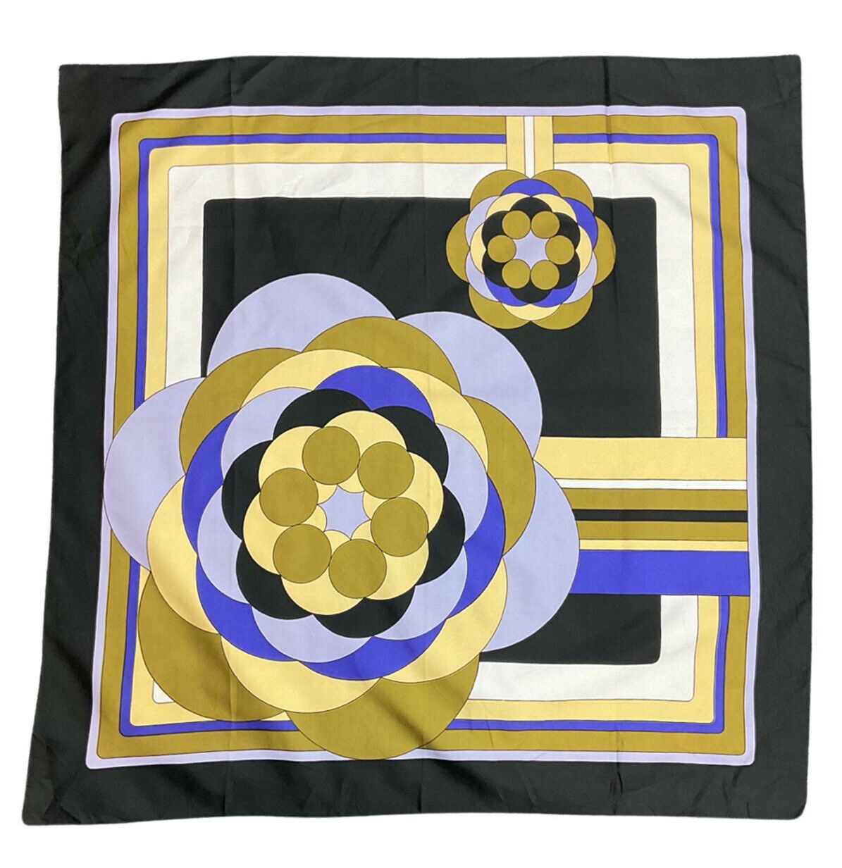 VINTAGE 60s 70s BLACK PURPLE GOLD FLORAL ABSTRACT GEOMETRIC MOD SQUARE SCARF