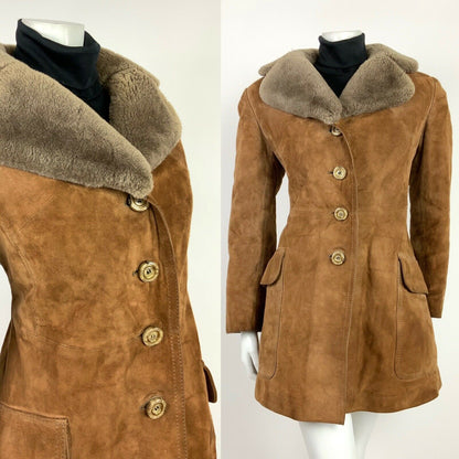 VTG 60s 70s CARAMEL BROWN GREY FAUX FUR SUEDE LEATHER BOHO SHEARLING COAT 10 12