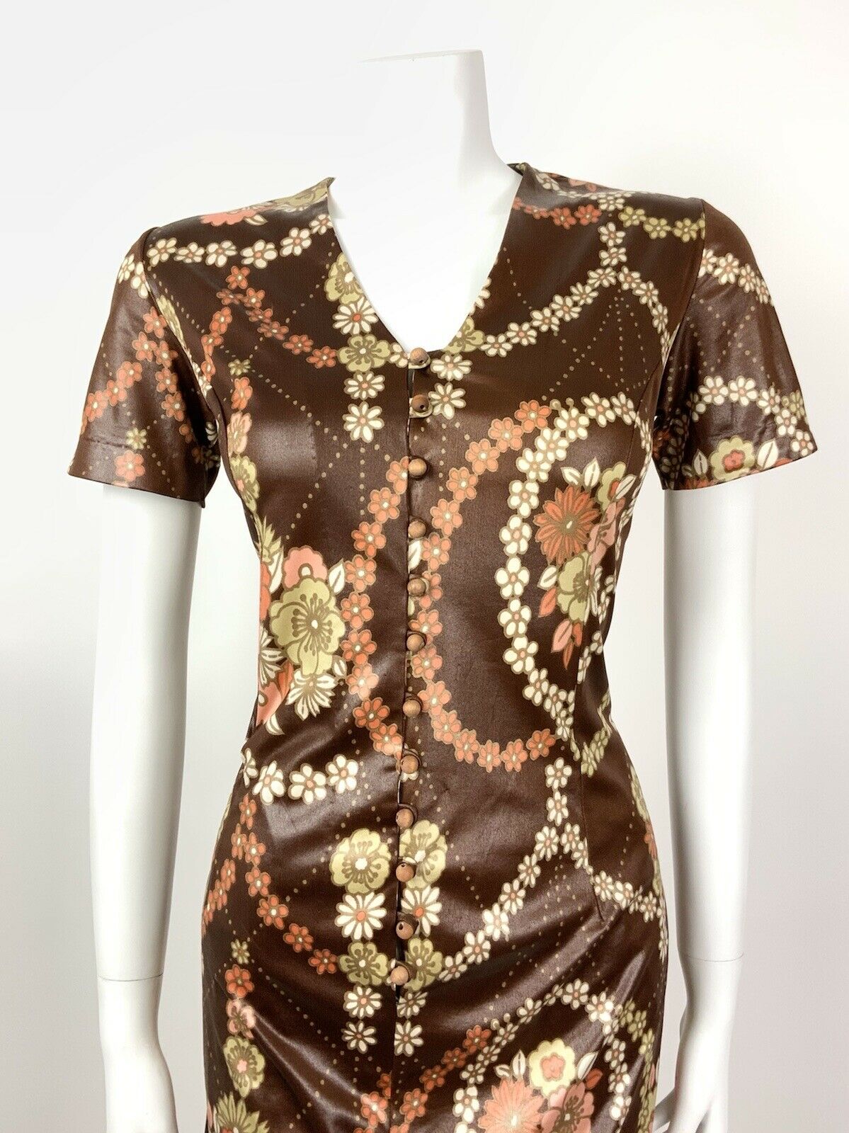 VTG 60s 70s BROWN PINK ORANGE PSYCHEDELIC FLORAL DAISY CHAIN MIDI DRESS 12 14