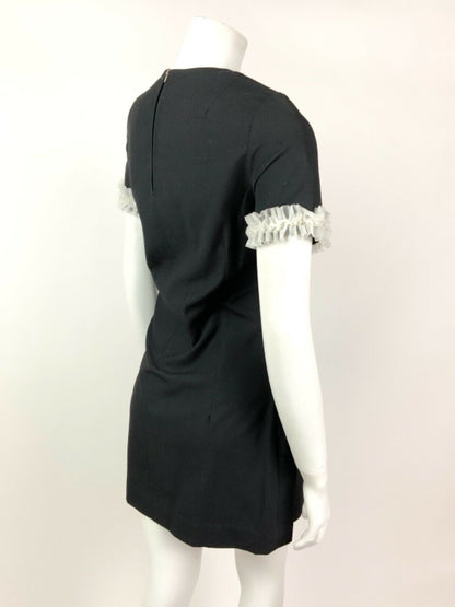 VINTAGE 60s 70s JET BLACK WHITE RUFFLED MOD MINI SHORT DRESS 8 10