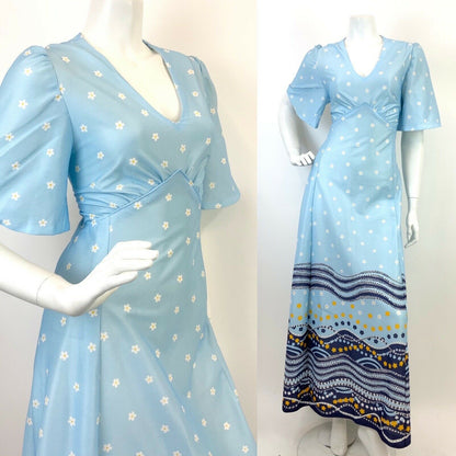 VTG 60s 70s BABY BLUE NAVY WHITE YELLOW WAVY DAISY FLORAL MOD MAXI DRESS 12 14