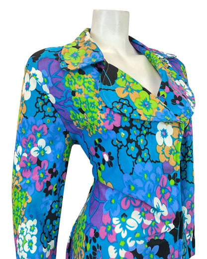 VINTAGE 60s 70s BLUE GREEN BLACK FLORAL PSYCHEDELIC HOUSECOAT WRAP DRESS 12 14