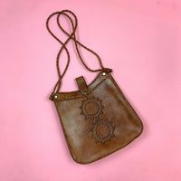 VINTAGE 60s 70s BROWN LEATHER BRAIDED MANDALA STAR BOHO FOLK SHOULDER BAG