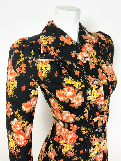 VINTAGE 60s 70s BLACK ORANGE YELLOW BROWN FLORAL WING COLLAR SHIRT DRESS 8