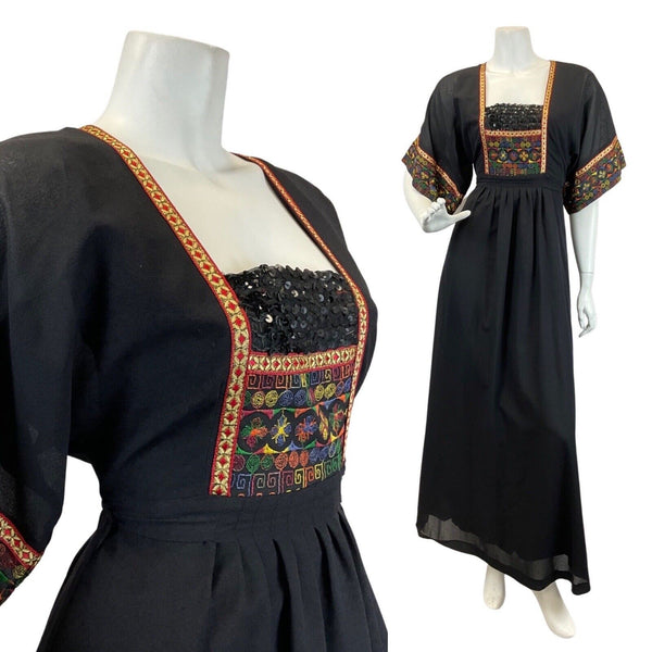 VINTAGE 60s 70s BLACK RED GOLD EMBROIDERED SEQUIN BOHO PRAIRIE MAXI DRESS 8 10