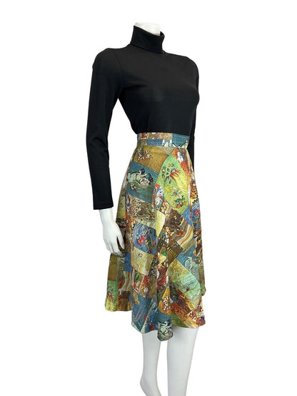 VINTAGE BLUE GREEN ORANGE PATCHWORK STYLE GRAPHIC PRINT A LINE 60s 70s SKIRT 8