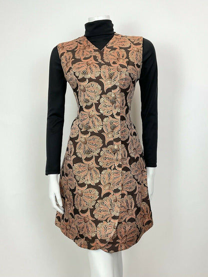 VTG 60s 70s ORANGE GOLD BLACK FLORAL BAROQUE PARTY GLAM WAISTCOAT DRESS 10 12