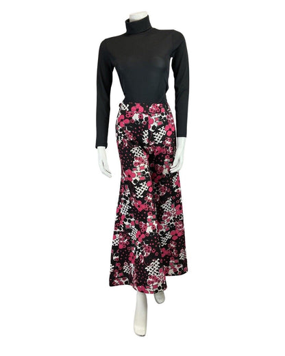 VINTAGE 60s 70s BLACK PINK PSYCHEDELIC FLORAL MOD CULOTTE FLARES 10 12