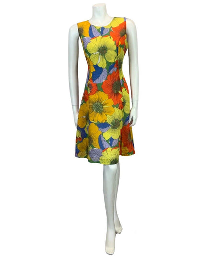 VINTAGE YELLOW ORANGE BLUE GREEN FLORAL PRINT FLOATY MIDI DRESS 14