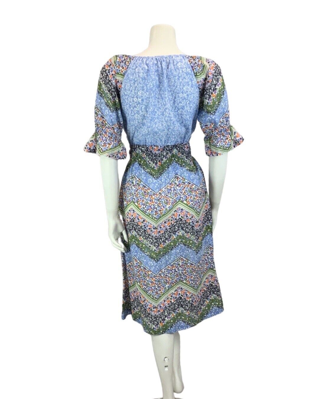 VINTAGE 60s 70s BLUE ORANGE GREEN PURPLE FLORAL PRINT PRAIRIE FOLK DRESS 8