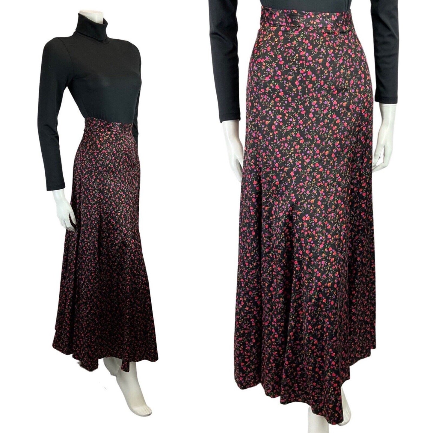 VINTAGE 60s 70s BLACK PINK GREEN FLORAL DITSY BOHO PRAIRIE MAXI SKIRT 4