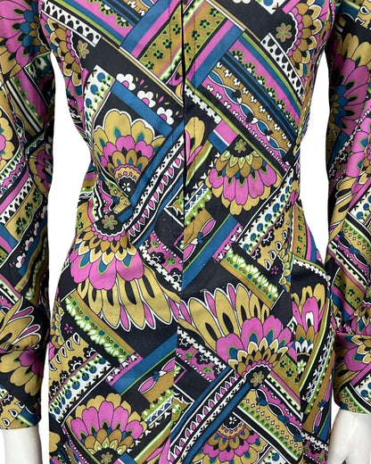 VINTAGE 60s 70s BLACK PURPLE BLUE GREEN PSYCHEDELIC MOD MIDI DRESS 8 10