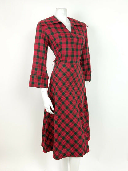 VINTAGE 60s 70s RED GREEN TARTAN CHECKED WINGED COLLAR PLAID FLARED DRESS 8 10