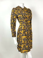 VTG 60s 70s YELLOW BLUE GOLD FLORAL PAISLEY PSYCHEDELIC DAGGER COLLAR DRESS 6 8