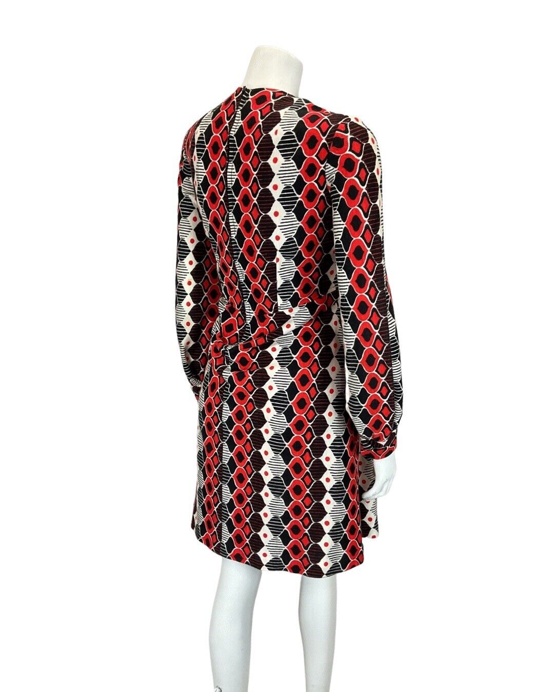 VINTAGE 60s 70s RED BLACK WHITE GEOMETRIC DIAMOND LONGSLEEVE DRESS 12