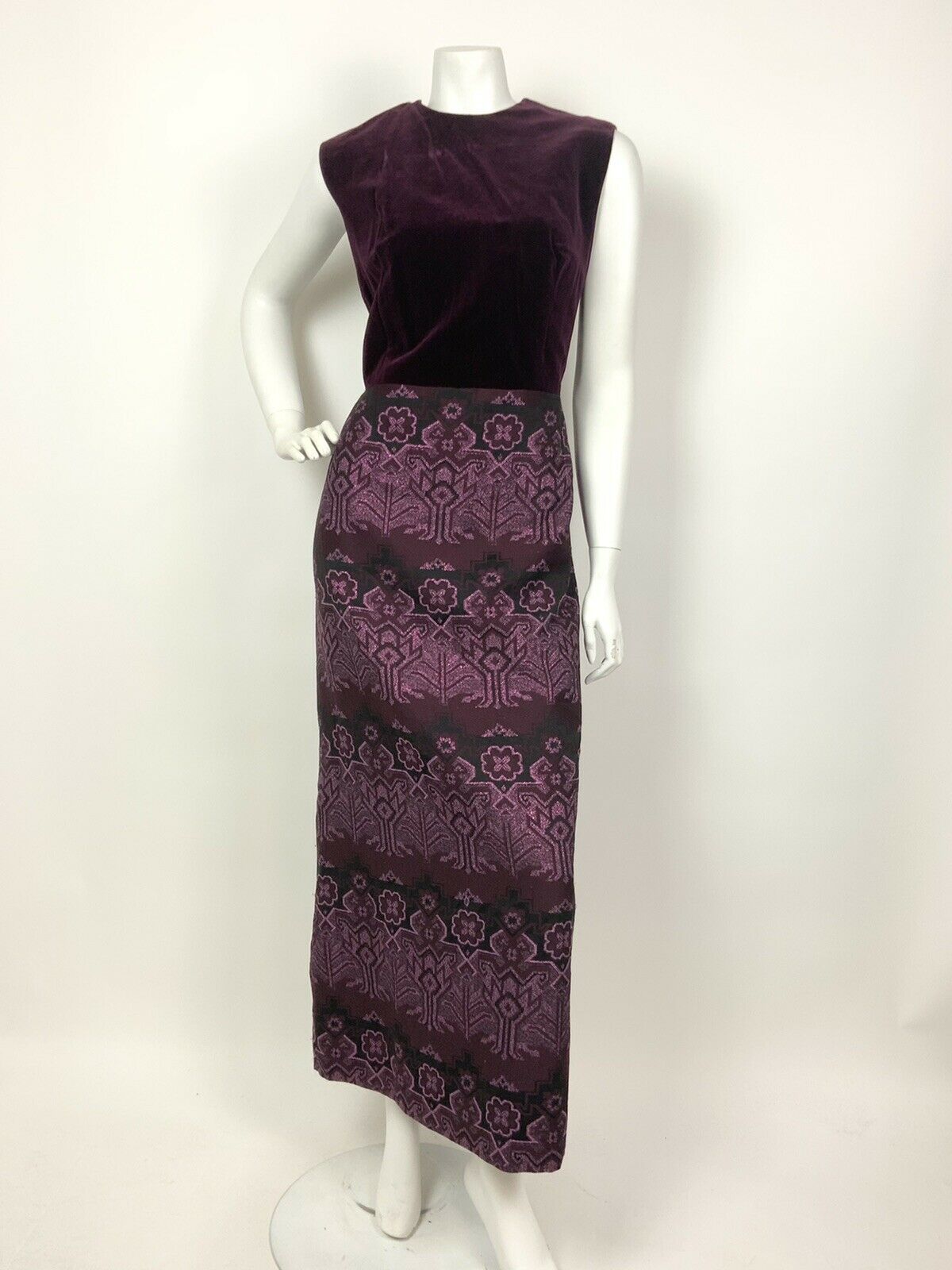 VINTAGE 60s 70s PURPLE PINK BLACK AZTEC GEOMETRIC FLORAL VELVET MAXI DRESS 10 12