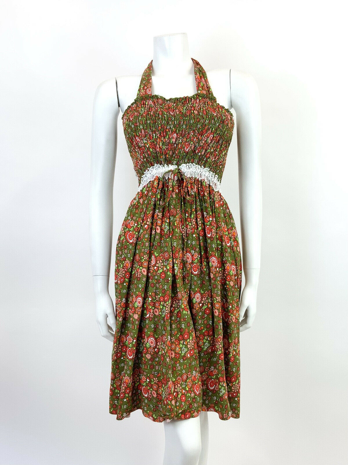 VINTAGE 60s 70s GREEN RED PINK WHITE FLORAL DISTY LACE MOD MINI HALTER DRESS 10