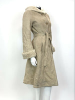 VTG 60s 70s SAND BEIGE SUEDE SHEARLING BELTED HOODED MOD BOHO PRINCESS COAT 8 10