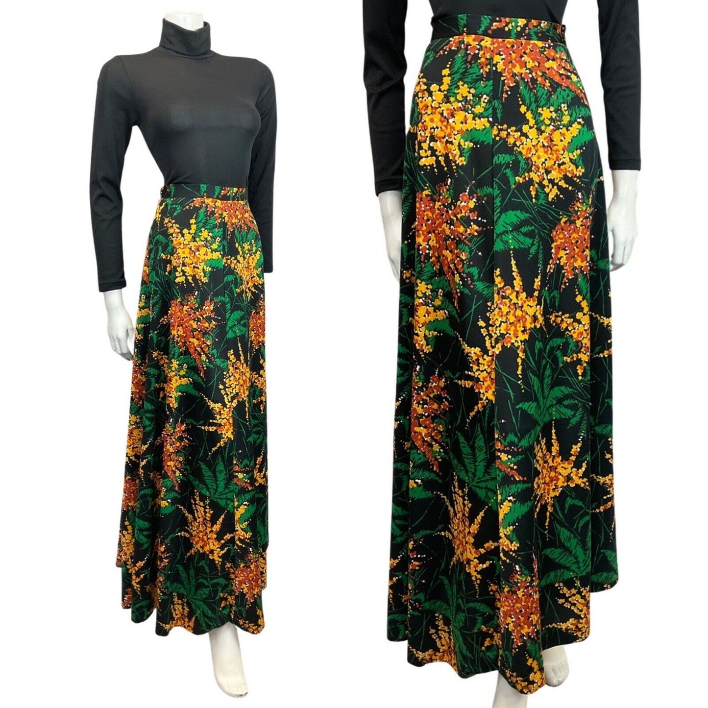 VINTAGE 60s 70s BLACK YELLOW GREEN FLORAL FERN LEAF MOD MAXI SKIRT 8