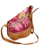 VINTAGE 60s 70s TAN BROWN LEATHER PINK PSYCHEDELIC SWIRL MOD SADDLE BAG