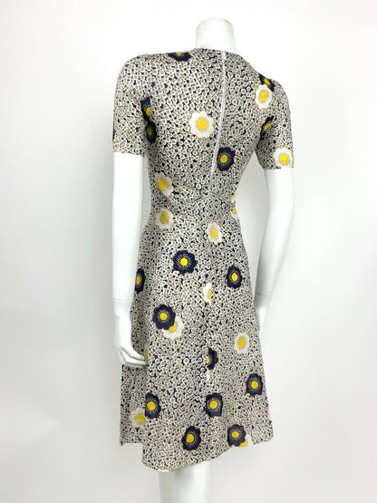 VTG 60s 70s BLUE WHITE YELLOW FLORAL MOD DAISY DOTTY DRESS SUMMER HIPPY 8