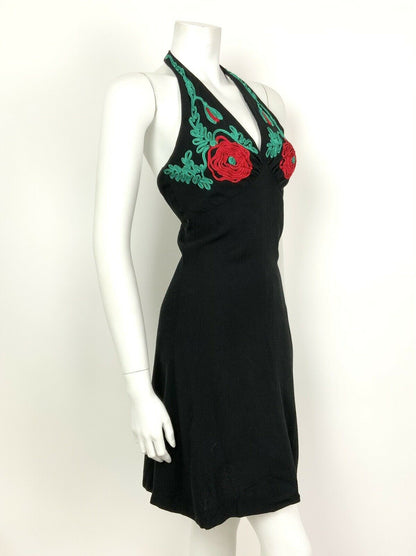 VINTAGE 60s 70s BLACK METALLIC RED GREEN FLORAL ROSE EMBROIDERY HALTER DRESS 6 8