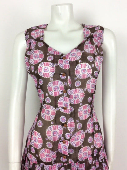 VINTAGE 60S 70S BROWN WHITE PINK PAISLEY SMOCK DRESS DROPPED PLEAT WAIST 14 16