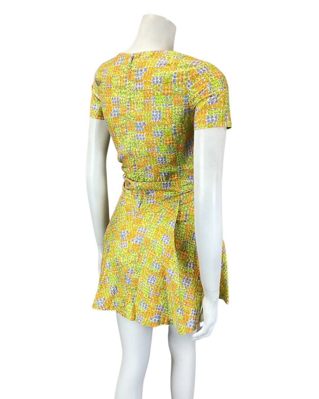 VINTAGE 60s 70s GREEN ORANGE BLUE PATCHWORK DITSY FLOWER MOD MINI DRESS 8 10