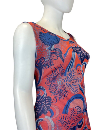 VTG 60s 70s RED BLUE SILVER PSYCHEDELIC FLORAL LUREX MOD DISCO MAXI DRESS 16 18