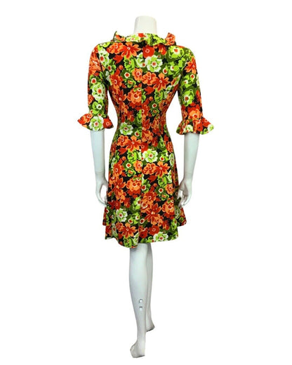 VINTAGE 60s 70s GREEN RED BLACK WHITE FLORAL PRINT RUFFLED MIDI DRESS 12