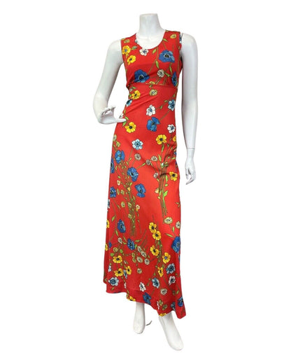 VINTAGE 60s 70s RED BLUE YELLOW FLORAL POPPY SLEEVELESS MOD MAXI DRESS 8