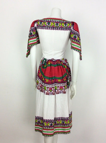 VTG 70S WHITE PINK GREEN COTTON KAFTAN DASHIKI FESTIVAL CAPE SLEEVE DRESS 6