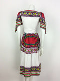 VTG 70S WHITE PINK GREEN COTTON KAFTAN DASHIKI FESTIVAL CAPE SLEEVE DRESS 6