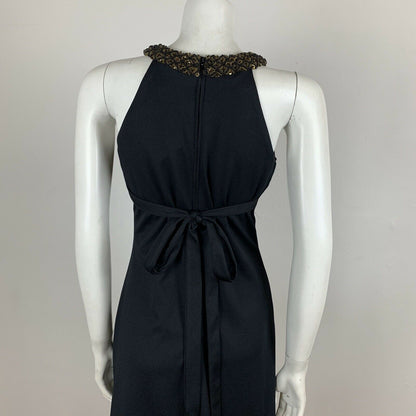 VINTAGE 70S BLACK GOLD BEADED HALTER NECK DRESS 6 8