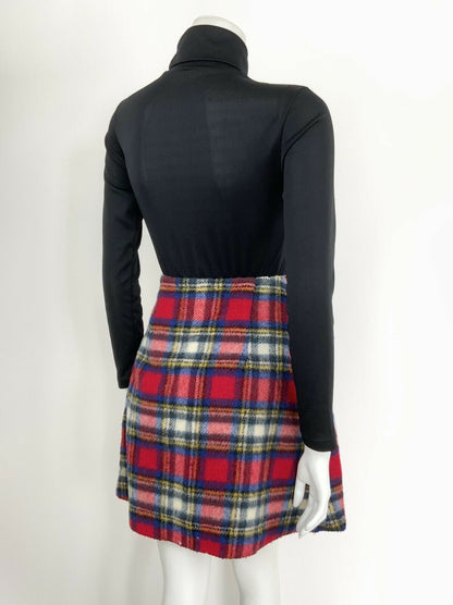 VINTAGE 60s 70s BLUE RED WHITE YELLOW WOOL TARTAN A-LINE MOD SHORT SKIRT 10