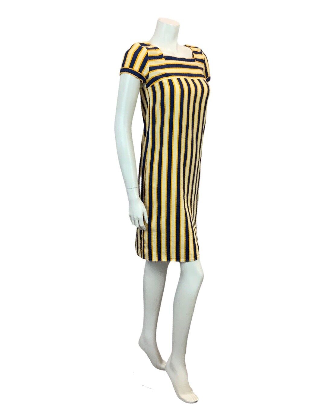 VINTAGE 60s 70s NAVY BLUE YELLOW CREAM STRIPED MINI DRESS 8