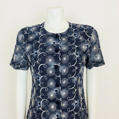 VINTAGE 1960S NAVY BLUE WHITE EMBROIDERED FLORAL SPIROGRAPH DRESS 10 12