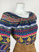 VTG 60s 70s BLUE YELLOW PINK AZTEC PSYCHEDELIC GEOMETRIC TRIBAL BLOUSE TOP 10 12