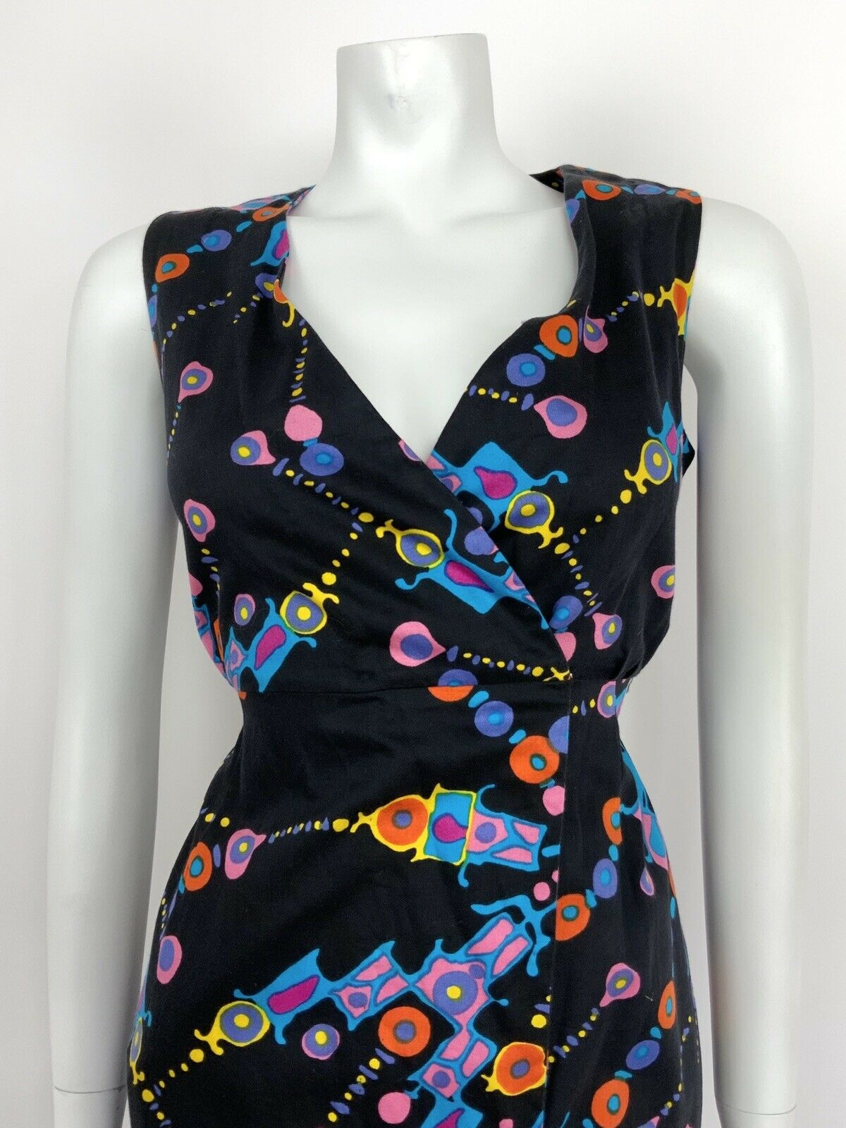 VINTAGE 60s 70s GEOMETRIC ABSTRACT BLACK BLUE PINK ORANGE WRAP MAXI DRESS 10