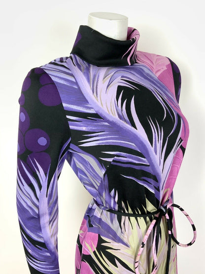 VTG 60s 70s PURPLE PINK BLACK GOLD FLORAL FEATHER TURTLENECK BELTED DRESS 10 12