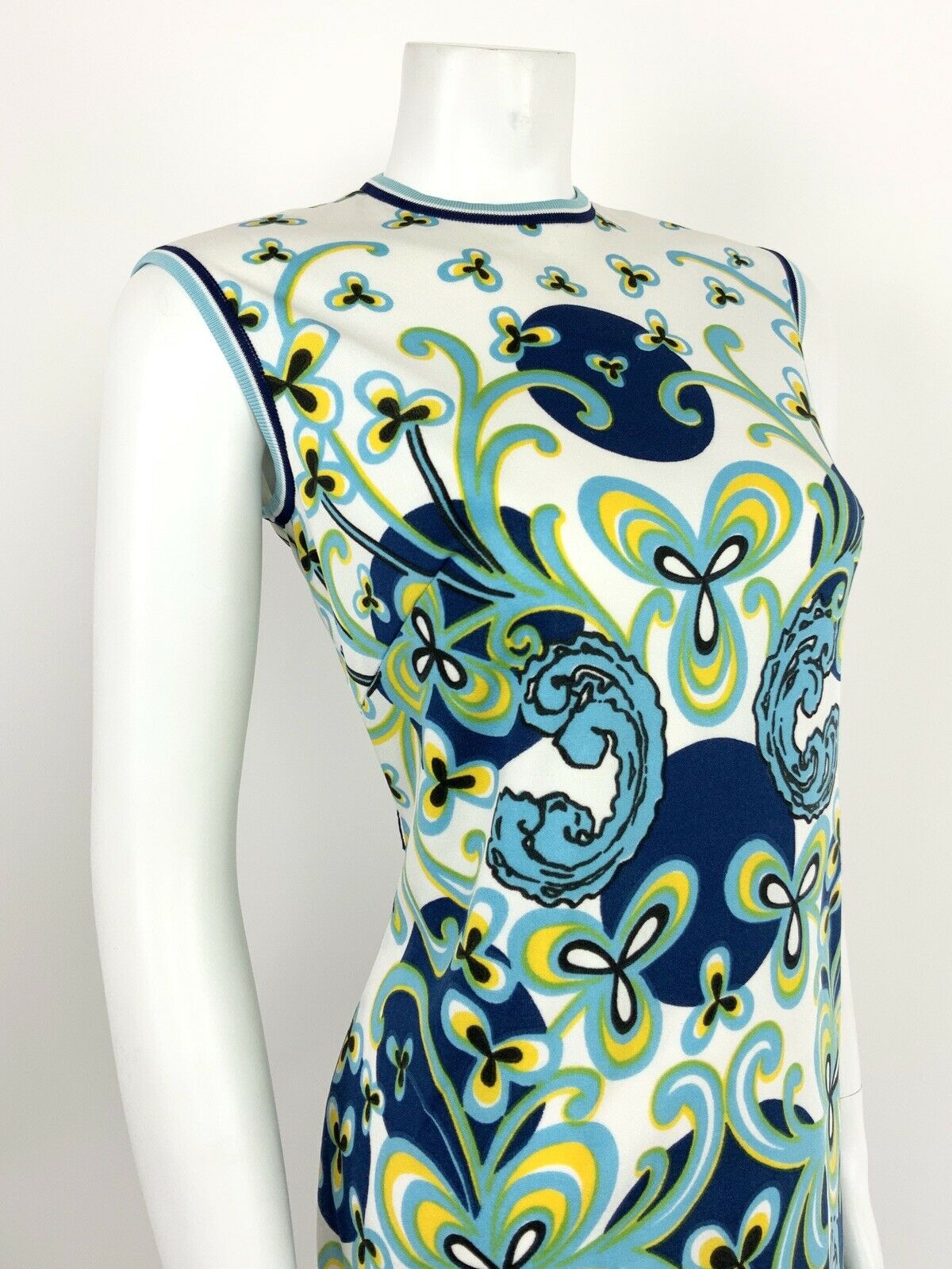 VINTAGE 60s 70s WHITE NAVY BLUE YELLOW PSYCHEDELIC FLORAL DRESS 10 12