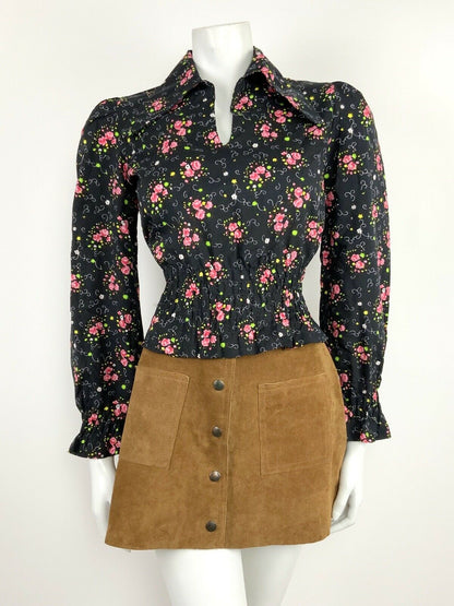 VINTAGE 60s 70s BLACK PINK GREEN FLORAL DITSY WING COLLAR RUCHED BLOUSE TOP 8 10