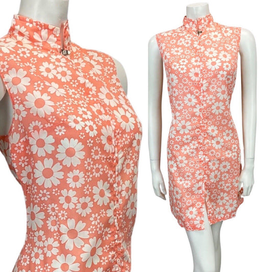 VINTAGE 60s 70s CORAL PINK WHITE PSYCHEDELIC FLOWER DAISY PRINT MINI DRESS 10 12