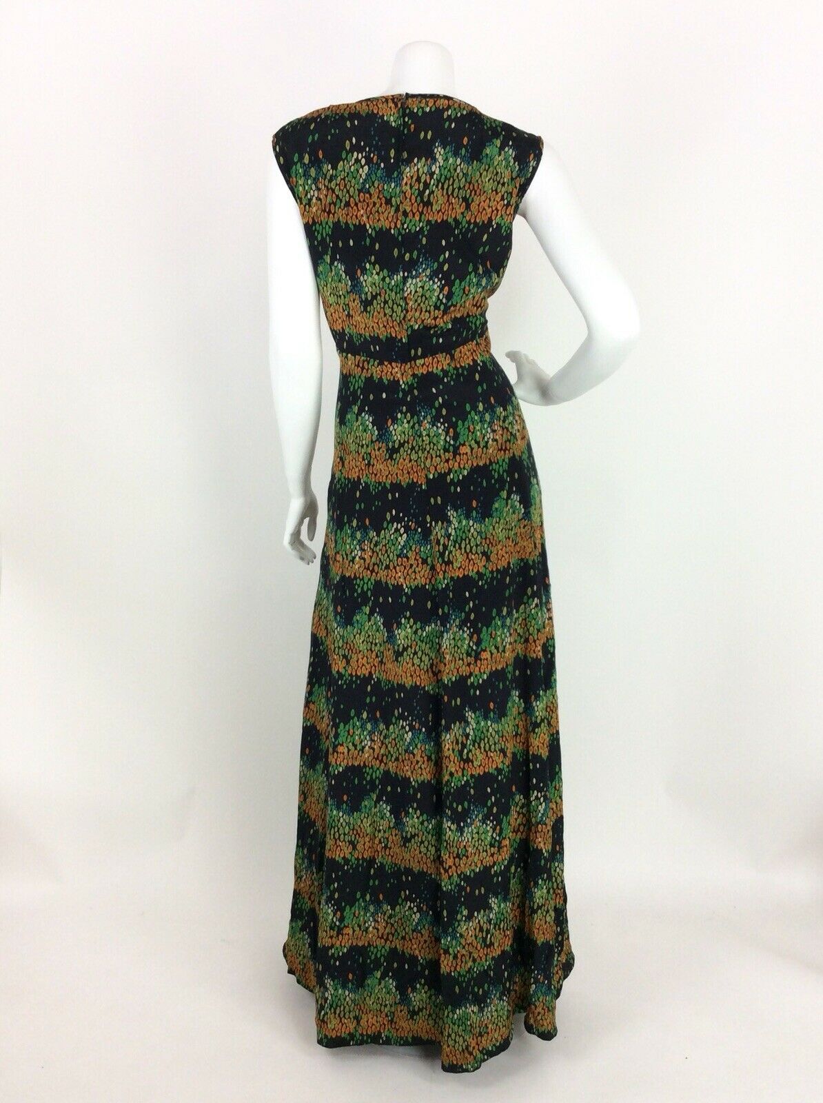 VINTAGE 60s 70s MAXI DRESS ABSTRACT LEAF TEARDROP GREEN ORANGE BLUE BLACK 14 16