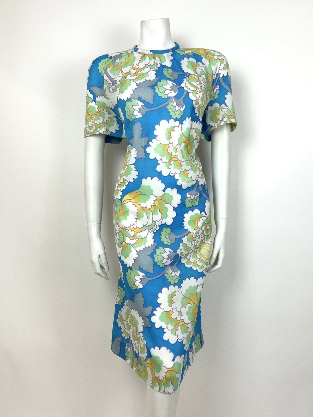 VINTAGE 60s 70s BLUE GREEN WHITE YELLOW FLORAL PSYCH TENT SHIFT DRESS 14 16