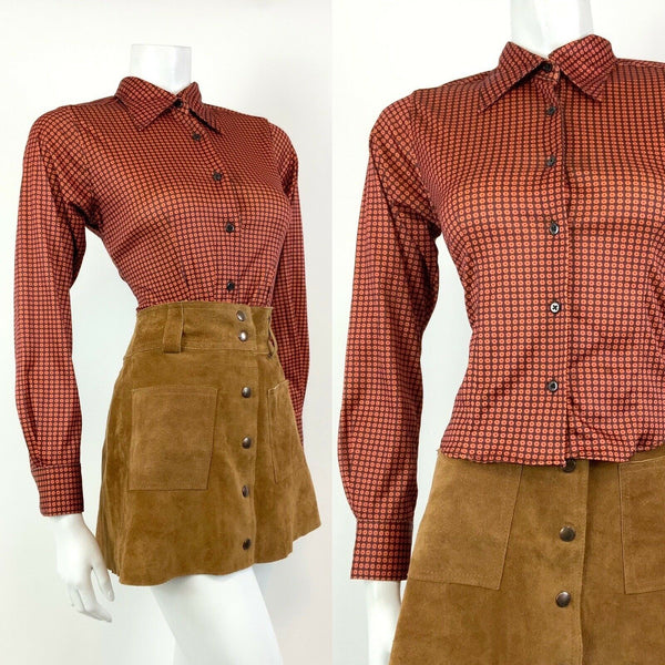 VINTAGE 60s 70s BROWN ORANGE DAISY FLORAL CHECKED MOD DAGGER SHIRT BLOUSE 12