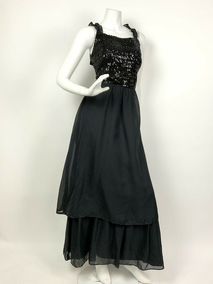 VINTAGE 60s 70s BLACK SEQUIN RUFFLE PARTY STUDIO 54 TIERED SHEER MAXI DRESS 12