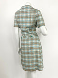 VINTAGE 60s 70s CREAM BLUE BROWN TARTAN PLAID MOD SHIRT COLLAR DRESS 12