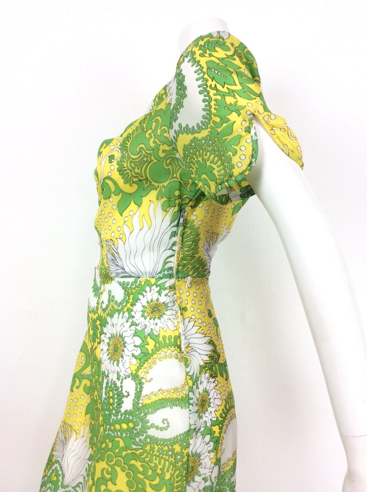 PSYCHEDELIC 70S VINTAGE YELLOW GREEN WHITE FLORAL DRESS 14