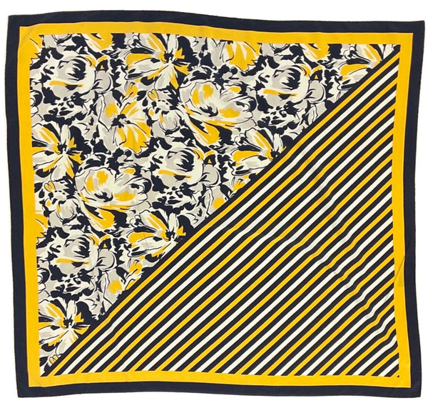 VINTAGE 60s 70s BLACK YELLOW WHITE STRIPED FLORAL MOD ABSTRACT SILK SQUARE SCARF